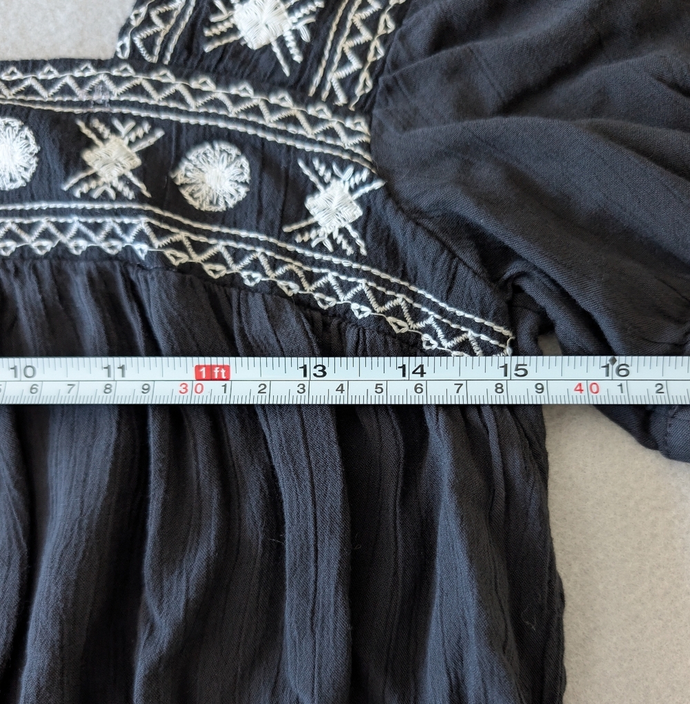 Vintage Y2K 90s Boho Embroidered Square Neck Puff Sleeve Black Peasant Blouse S image 10